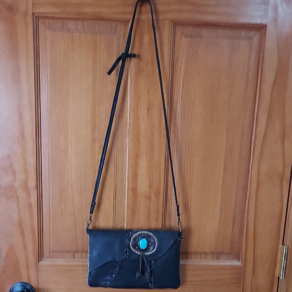 Black Leather Crossbody Bag with Turquoise Accent